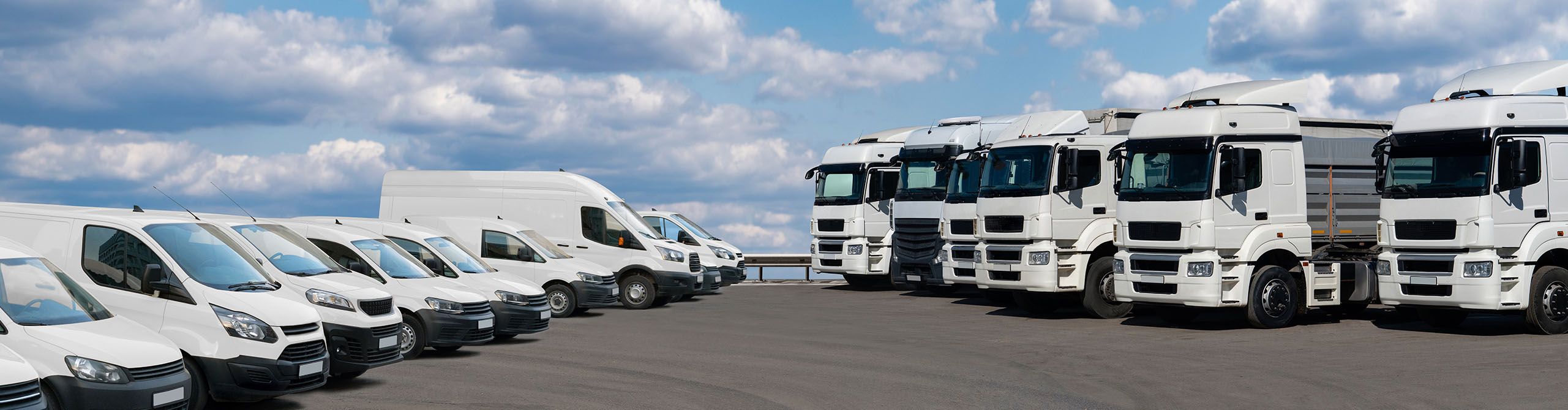 Eine Reihe von Kleintransportern auf der linken Bildseite, sowie LKW auf der rechten Bildseite stehen hintereinander aufgereiht