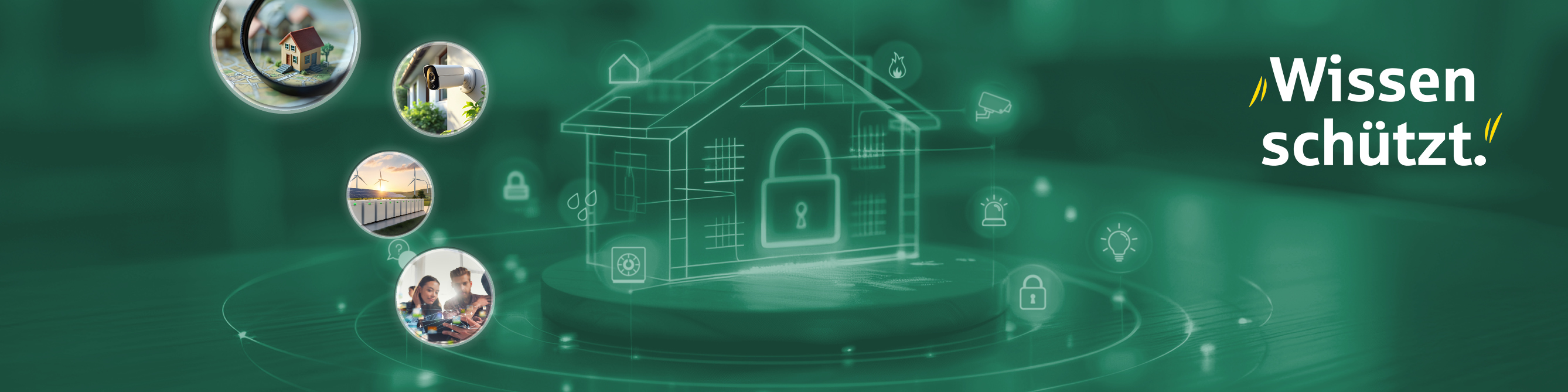 Ein stilisiertes Haus mit einem Schloss ist zu sehen.