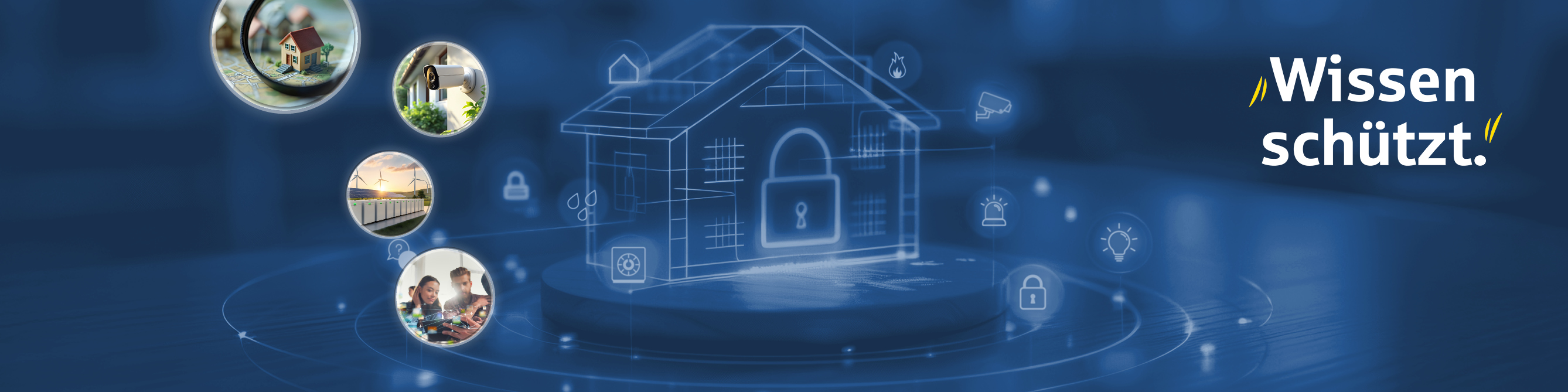 Ein stilisiertes Haus mit einem Schloss ist zu sehen.